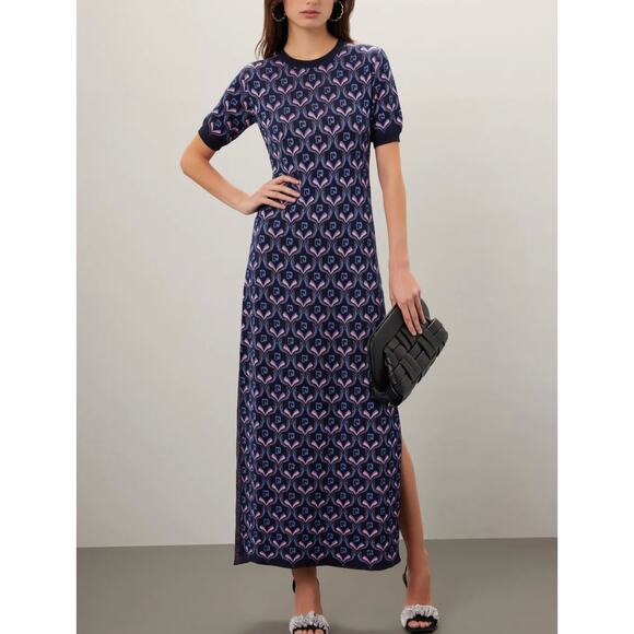 Paco Rabanne Blue Logo Knit Midi Dress MEDIUM Bodycon Career Wool Designer $940 - Picture 1 of 13